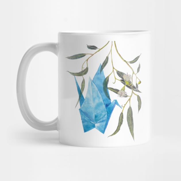 Blue origami paper crane & eucalyptus branch by ZoyaArt